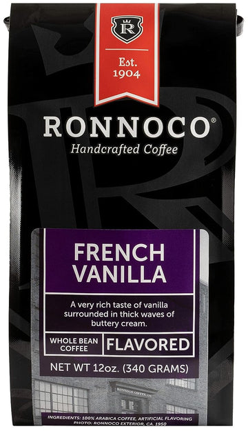 Ronnoco French Vanilla Coffee | Whole Bean Coffee | Handcrafted Coffee Since 1904 | Rich, Full Flavor | 100% Arabica Beans | Bag