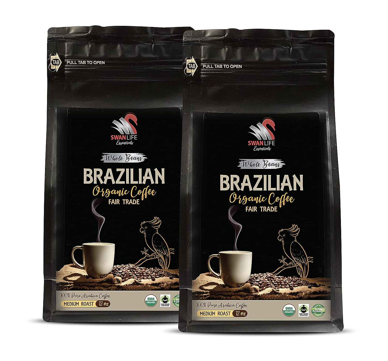 whole beans coffee gift set - BRAZILIAN WHOLE BEANS COFFEE ORGANIC, Medium Roast, non gmo, 100% Arabica, Fair Trade, low acid, organic coffee beans, brazilian coffee ground dark roast 2 Bags