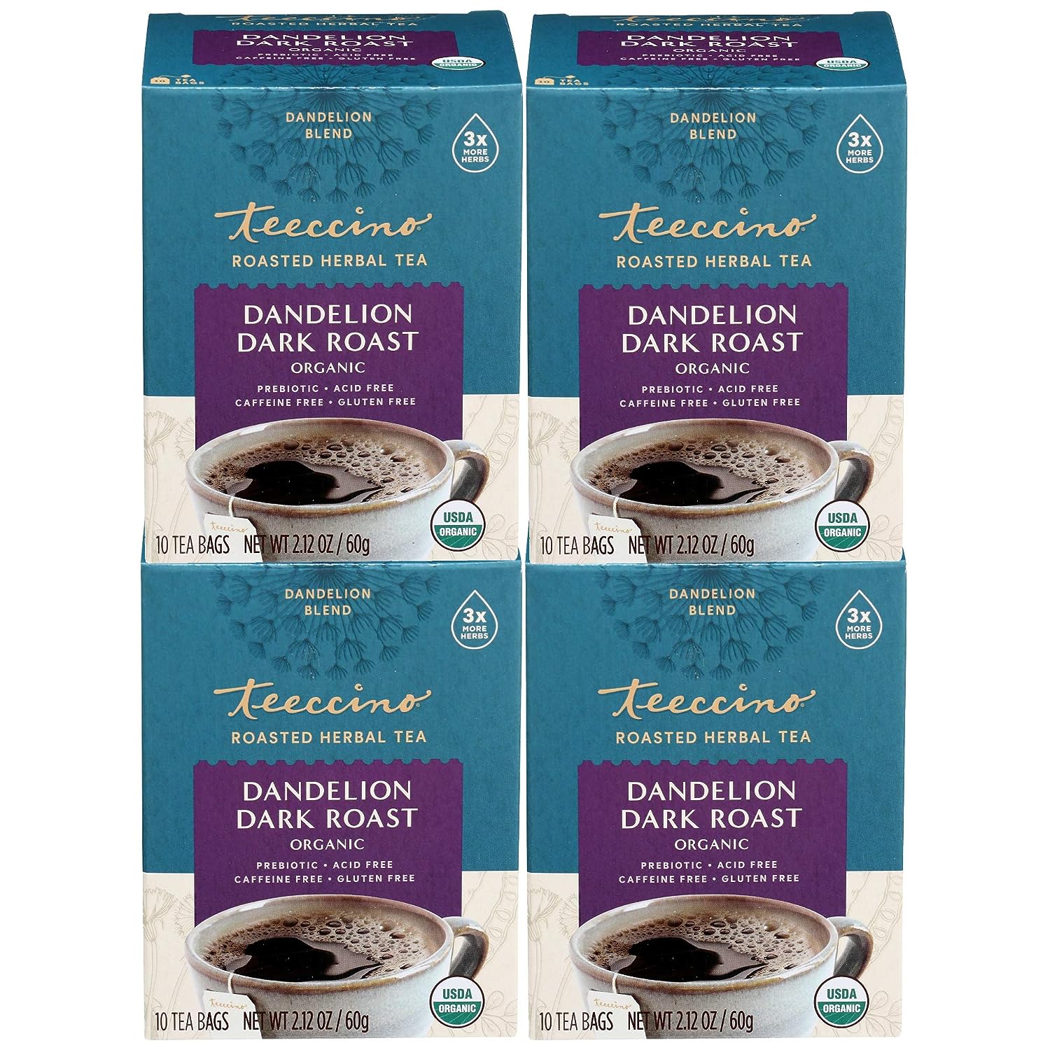 Teeccino Dandelion Root Tea - Dark Roast - Caffeine Free, Organic, Roasted Herbal Tea with Prebiotics, 3x More Herbs than Regular Tea Bags - Gluten-Free, Acid-Free Coffee Alternative - 10 Tea Bags (Pack of 4)