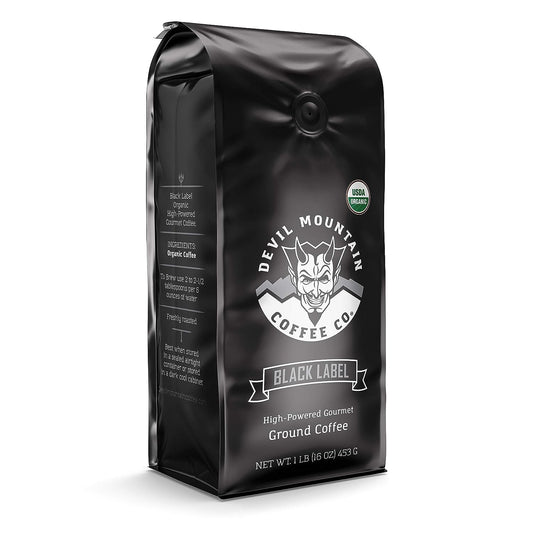 Devil Mountain Coffee Black Label Dark Roast Ground Coffee, Strong High Caffeine Coffee Grounds, USDA Organic, Fair Trade, Gourmet Artisan Roasted, Strongest Coffee in the World Bag