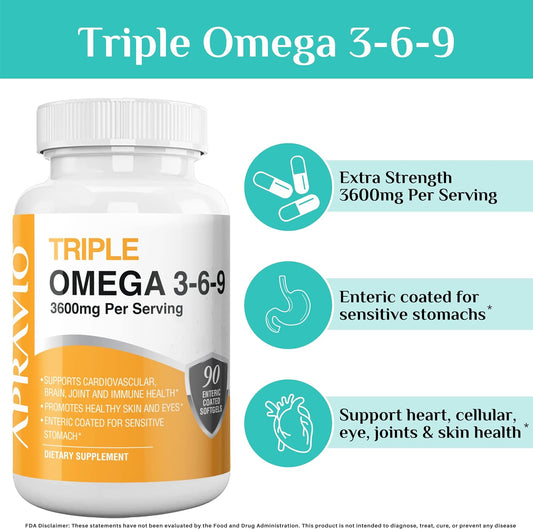 APRAVIO Triple Omega 3-6-9 Fish Oil, Omega Supplement for Adults, Essential Fatty Acids, Non-GMO, 90ct Enteric Coated So