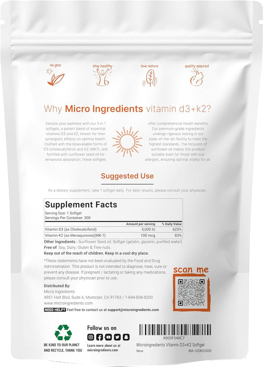 Micro Ingredients Vitamin D3 5000 Iu With K2 100 Mcg, 300 Soft-Gels |