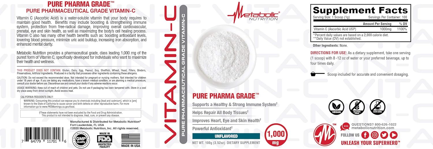 Metabolic Nutrition Vitamin C, 1000mg, Pure Pharma Grade, High Absorpt