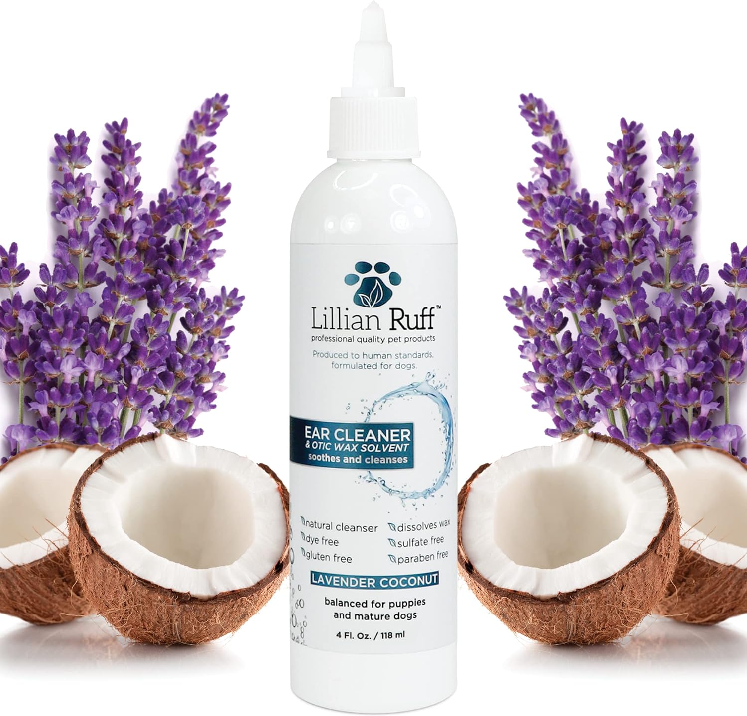 Lillian Ruff Ear Cleaner & Otic Wax Solvent for Dogs with Tea Tree Oil, Bee Propolis & Aloe - Coconut and Lavender Scent