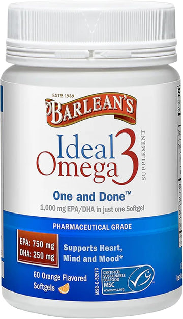 Barlean's Ideal Omega 3 Fish Oil Supplement, 1,000 mg Softgels, Pharmaceutical Grade EPA & DHA for Brain, Joint, & Heart Health, Orange avor, 60 ct