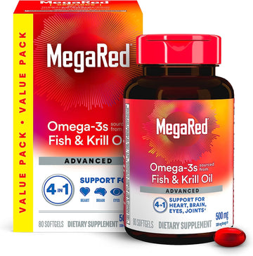 Megared Omega 3 Fish Oil & Antarctic Krill Oil Softgels for Brain, Heart, Joints & Eye Support, (80 Count Bottle), Conce