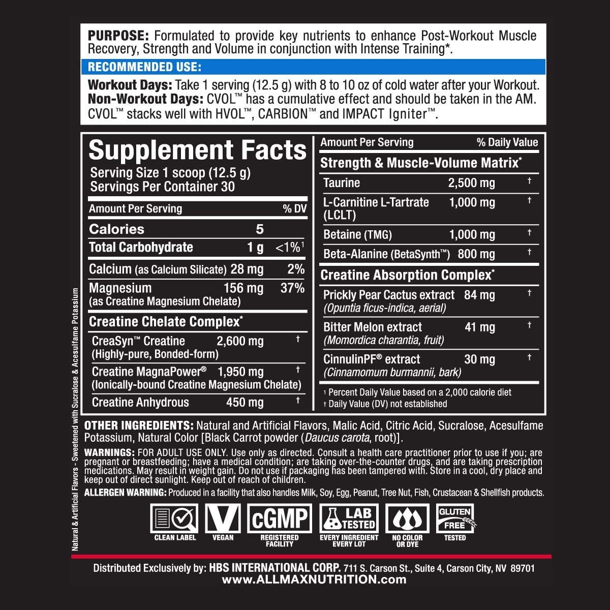 ALLMAX C:VOL, Raspberry Kiwi Kamikaze - 375 g - Post-Workout Formula -