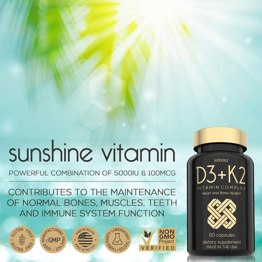 Vitamin D3 K2 Capsules - Vitamin D3 5000 IU and Vitamin K MK7 100mcg -