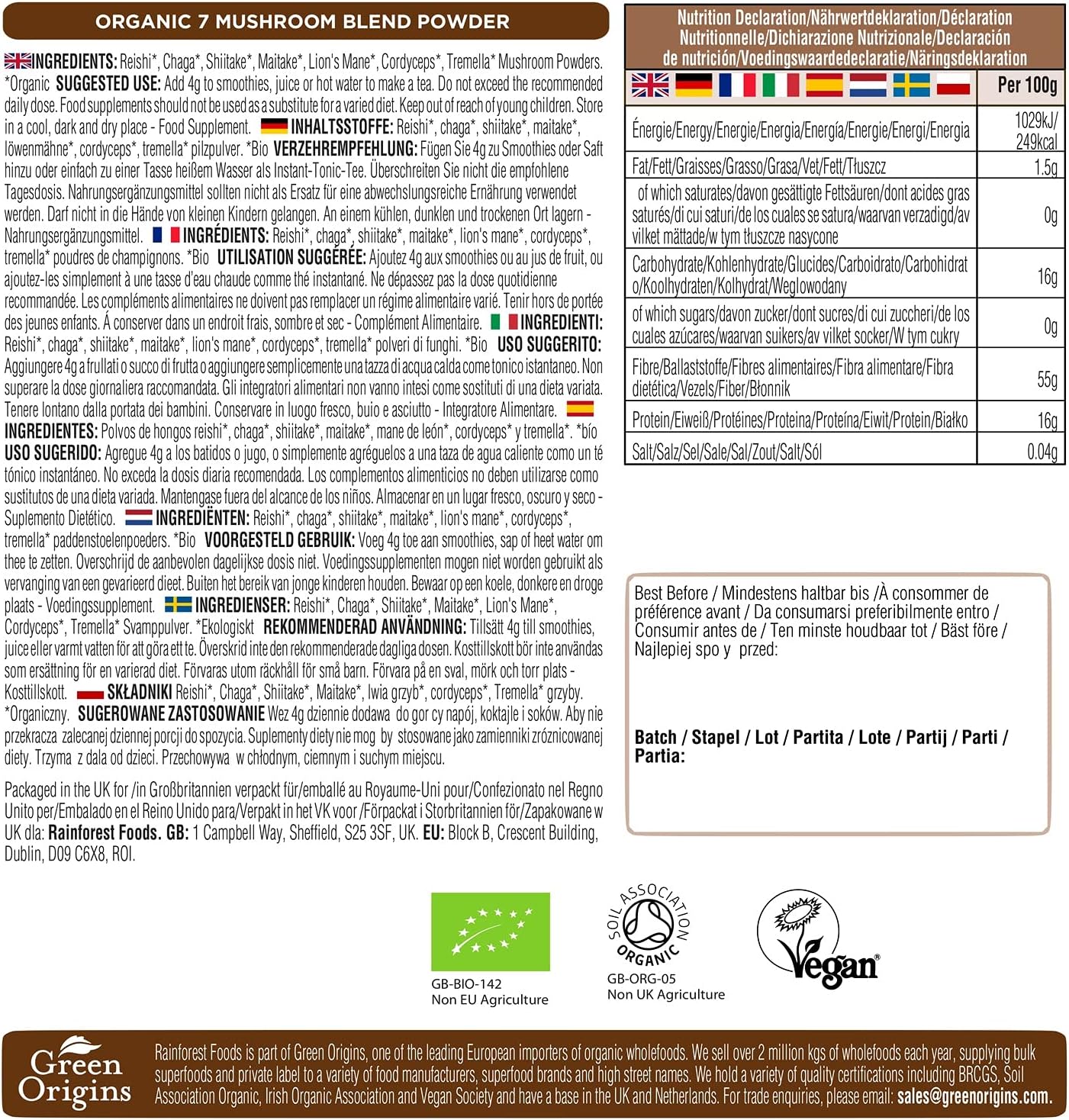 Rainforest Foods Organic 7 Mushroom Blend Powder, Reishi, Chaga, Shiit