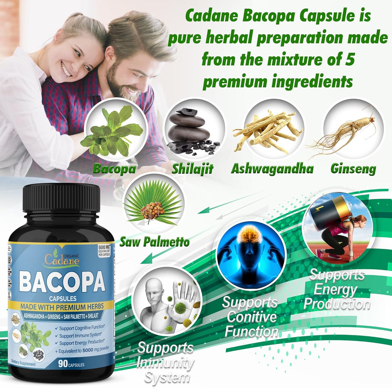 Organic Cadane 5000mg Bacopa Monnieri Supplement - Blended with Ashwga