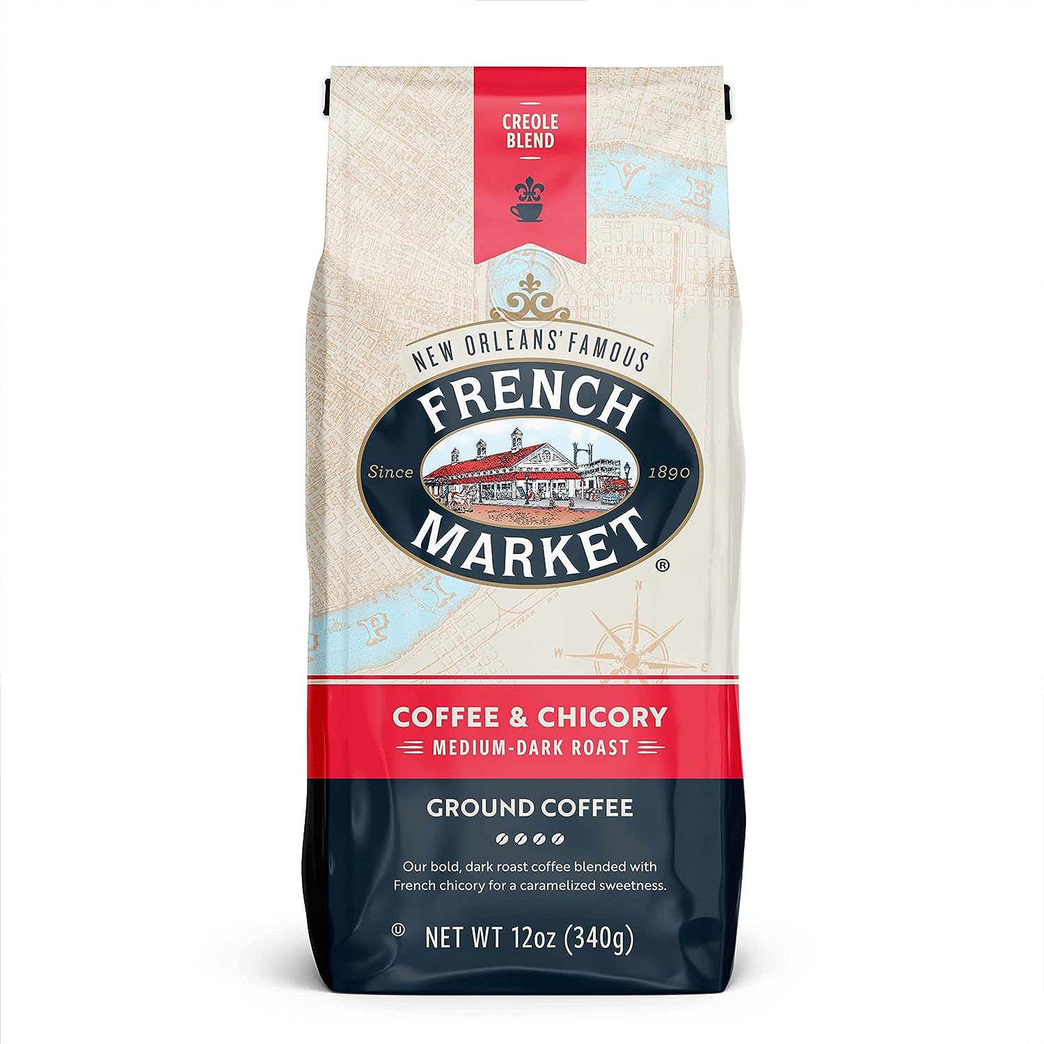 French Market Coffee, Creole Blend Coffee and Chicory, Dark Roast Ground Coffee Bag