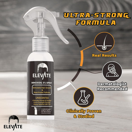 ELEVATE 5% Minoxidil Hair Growth Spray - Extra Strength Professional Treatment for Hair Loss and Regrowth - Stimulate Follicles for Men & Women - 1 to 2 Month Supply 100ml