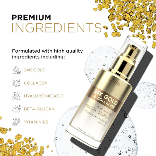 AZURE 24K Gold & Collagen Firming Facial Serum - Lifting, Toning & Hydrating | Reduces Wrinkles, Fine Lines & Creases | Soothes & Protects Skin | Made in Korea - 50 / 1.69 .