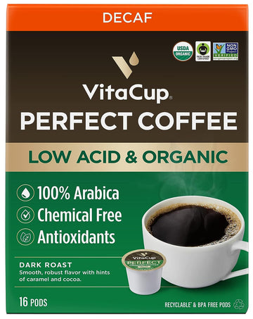 VitaCup Organic Perfect Dark Roast Decaf Coffee Pod for Pure & Clean Energy & Antioxidants from Low Acid, Guatemala Single Origin in Recyclable Single Serve Pod compatible w/Keurig K-Cup Brewers,16CT
