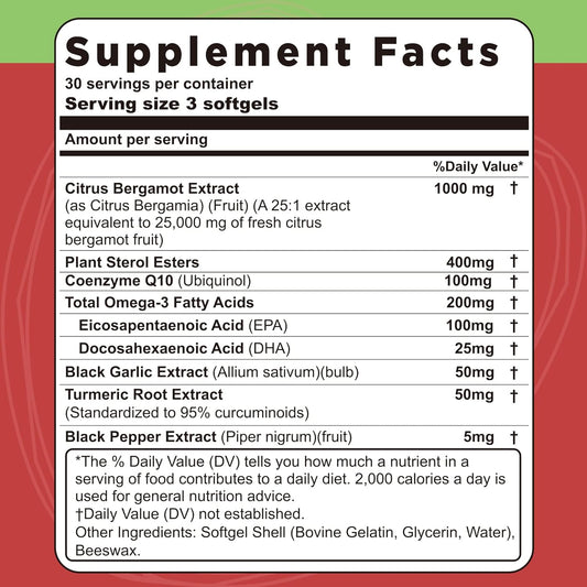 Citrus Bergamot Supplement 1000mg with Plant Sterols 400mg, Omega-3 (EPA & DHA), Coq10 & Turmeric, Citrus Bergamia 25:1