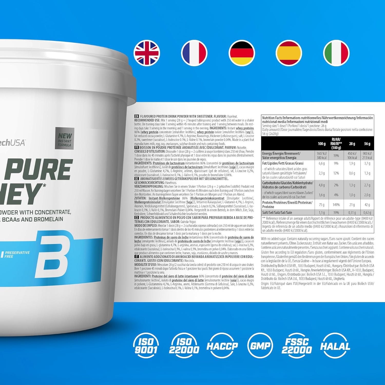 BioTechUSA 100% Pure Whey Protein Complex with bromelain Enzyme, Amino