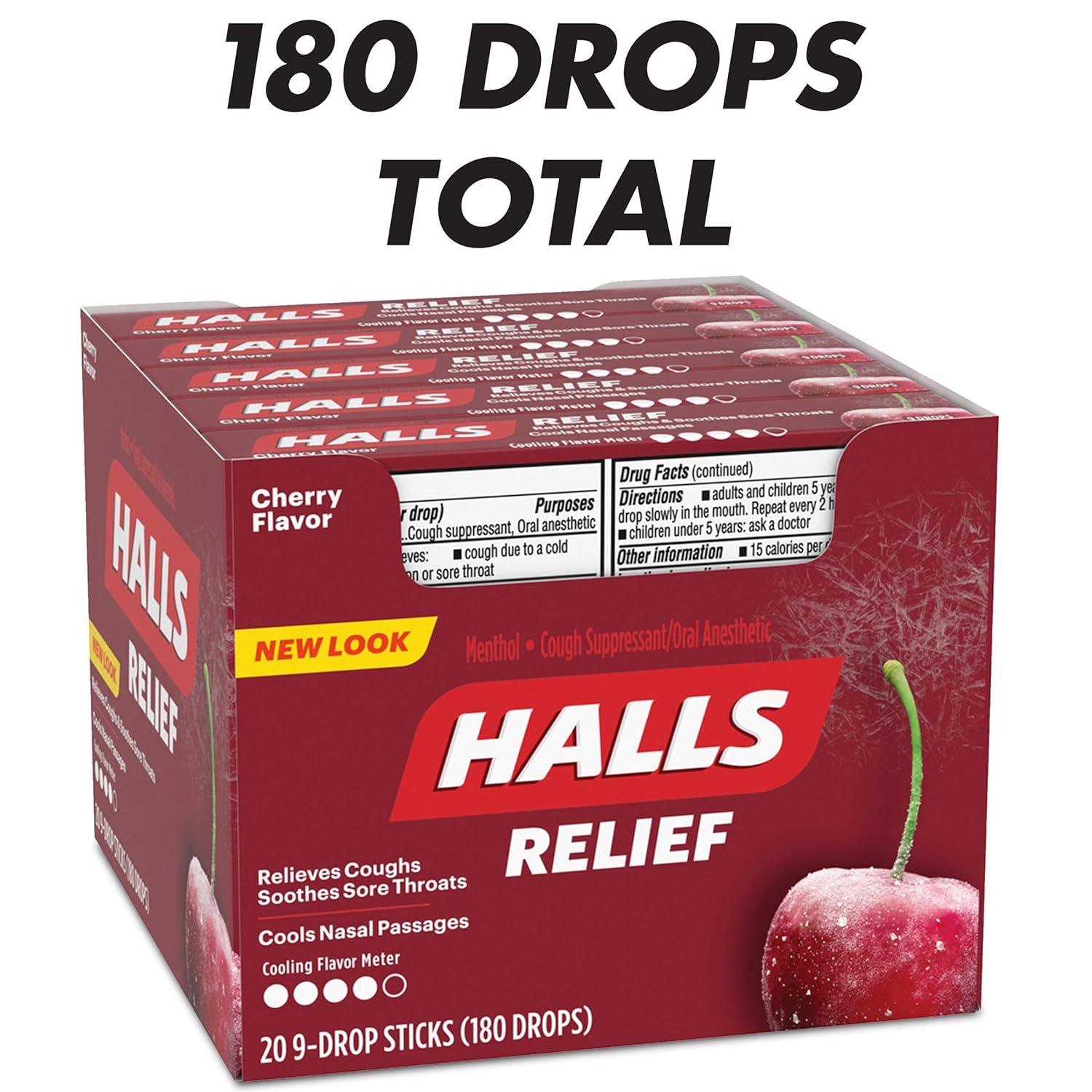 Halls Cherry Cough Drops - with Menthol - 180 Drops (20 stic