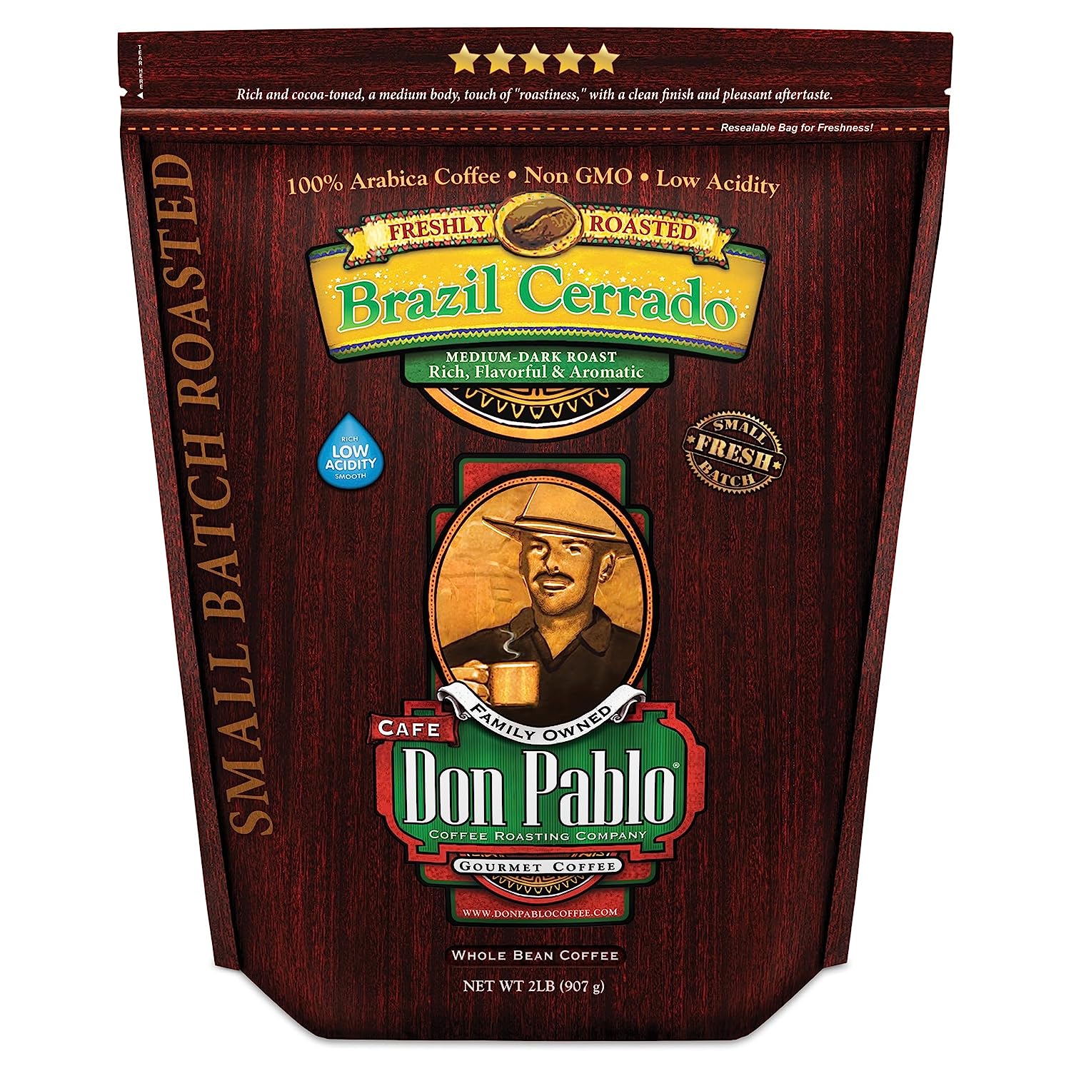 Don Pablo Gourmet Coffee - Brazil Cerrado - Medium Dark Roast - Whole Bean Coffee - 100% Arabica Beans - Low Acidity and Non-GMO bag