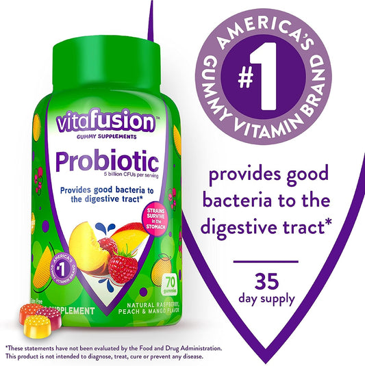 Vitafusion Probiotic Gummy Supplements, Raspberry, Peach and Mango avors, Probiotic Nutritional Supplements with 5 Billion CFUs, America?s Number 1 Gummy Vitamin Brand, 35 Day Supply, 70 Count
