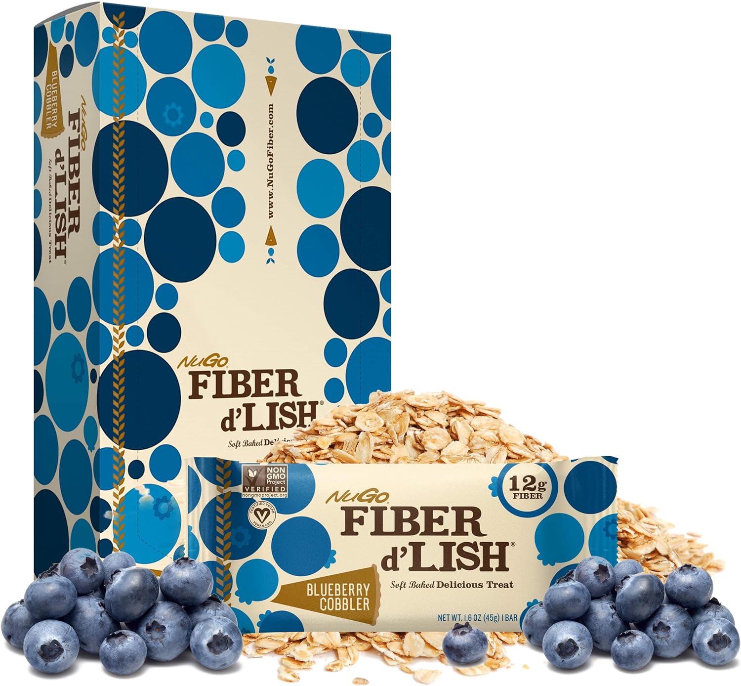 NuGo Fiber d'Lish Blueberry Cobbler, 12g High Fiber, Vegan, 150 Calori1.76 Ounces
