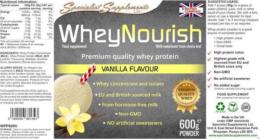 Specialist Supplements WheyNourish Vanilla Flavour Whey Protein Powder600 Grams