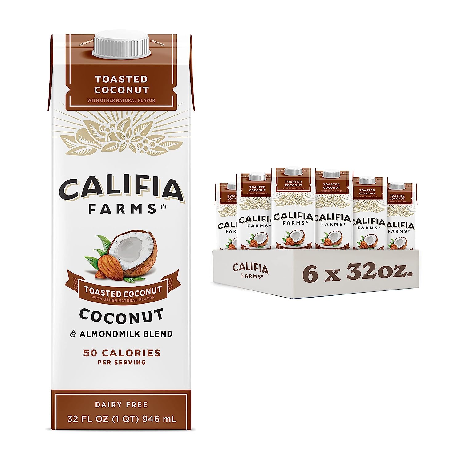 Califia Farms - Toasted Coconut Almond Milk, (Pack of 6), Dairy Free, Vegan, Plant Based, Shelf Stable, Vegan, Gluten Free, Non GMO, Sugar Free, High Calcium, Smoothie, Coconut Milk