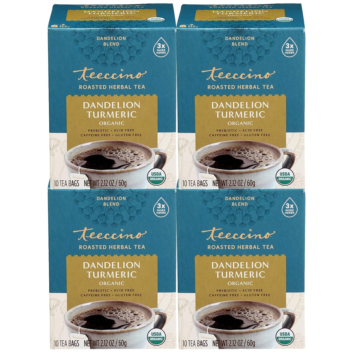 Teeccino Dandelion Root Tea - Turmeric - Caffeine-Free, Organic, Roasted Herbal Tea with Prebiotics, 3x More Herbs than Regular Tea Bags, Gluten Free - 10 Tea Bags (Pack of 4)
