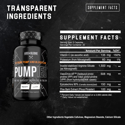 Axe & Sledge Supplements PUMPIES Nitric Oxide Booster with VasoDrive-AP and Nitrosigine, Increase Pumps, Performance, an