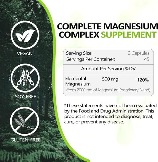 Magnesium Supplement Complex - 90 Veggie Caps High Absorption Magnesium Dietary Supplement, Non-GMO, Vegan, Gluten & Soy