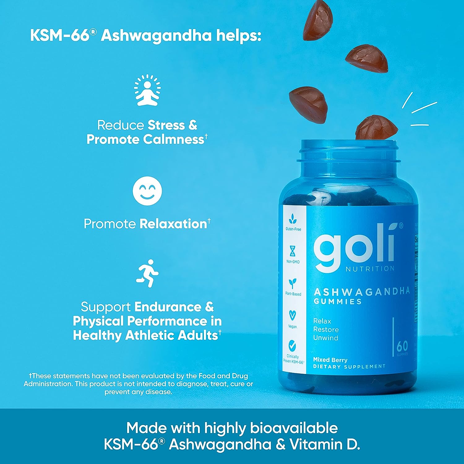 Goli Ashwagandha & Vitamin D Gummy - 180 Count - Mixed Berry, KSM-66, 