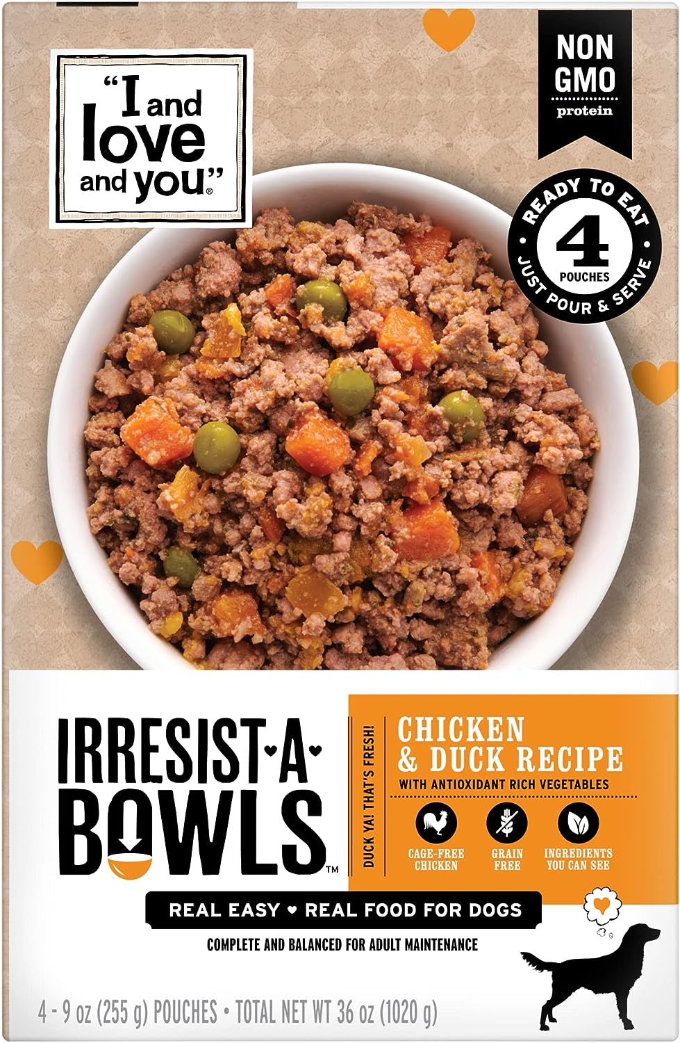 I AND LOVE AND YOU" Irresist-A-Bowls Wet Dog Food, Chicken and Duck Recipe, Ready to Serve, Grain Free, Real Meat, No Fi