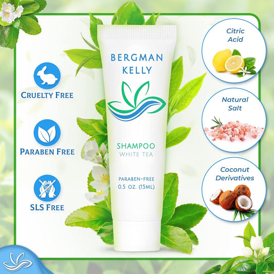 BERGMAN KELLY Round Hotel Soap Bars, Shampoo & Conditioner 3-Piece Set (0.5  each, 150 pc, White Tea), Delight Your Guests with Revitalizing & Refreshing Mini Travel Toiletries & Bulk Amenities