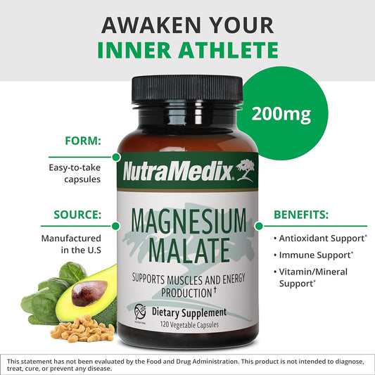 NutraMedix Magnesium Malate 200mg - Bioavailable Energy, Bone Health, Muscle & Joint Support Supplement - Vegan, Non-GMO