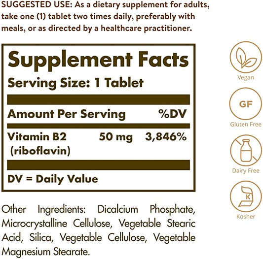 Solgar Vitamin B2 (Riboflavin) 50 mg, 100 Tablets - Energy Metabolism, Healthy Nervous System - Vegan, Gluten Free, Dairy Free, Kosher - 100 Servings