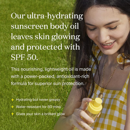Supergoop! Glow Oil, 5.0   - SPF 50 PA++++ Hydrating, Nourishing Vitamin E Body Oil + Broad Spectrum Sunscreen Protection - With Marigold, Meadowfoam & Grape Seed Extracts