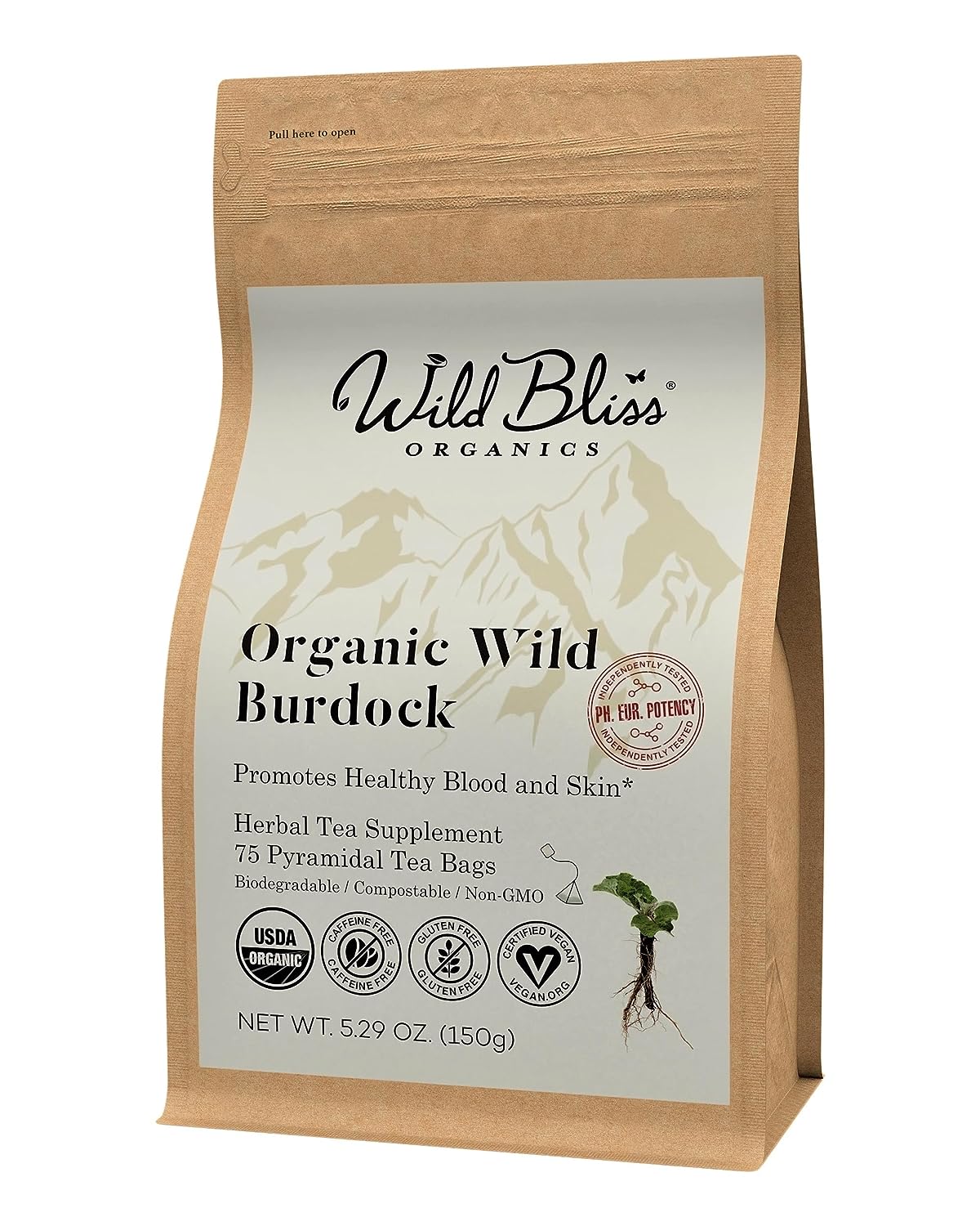 Organic Wild Burdock Root Tea - Caffeine Free Herbal Detox Support - Pharmacopoeia Quality - 75 Plant Based Tea Bags