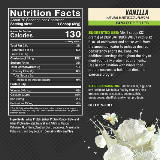 MusclePharm Combat 100% Whey, Vanilla - 5 lb Protein Powder - Gluten F