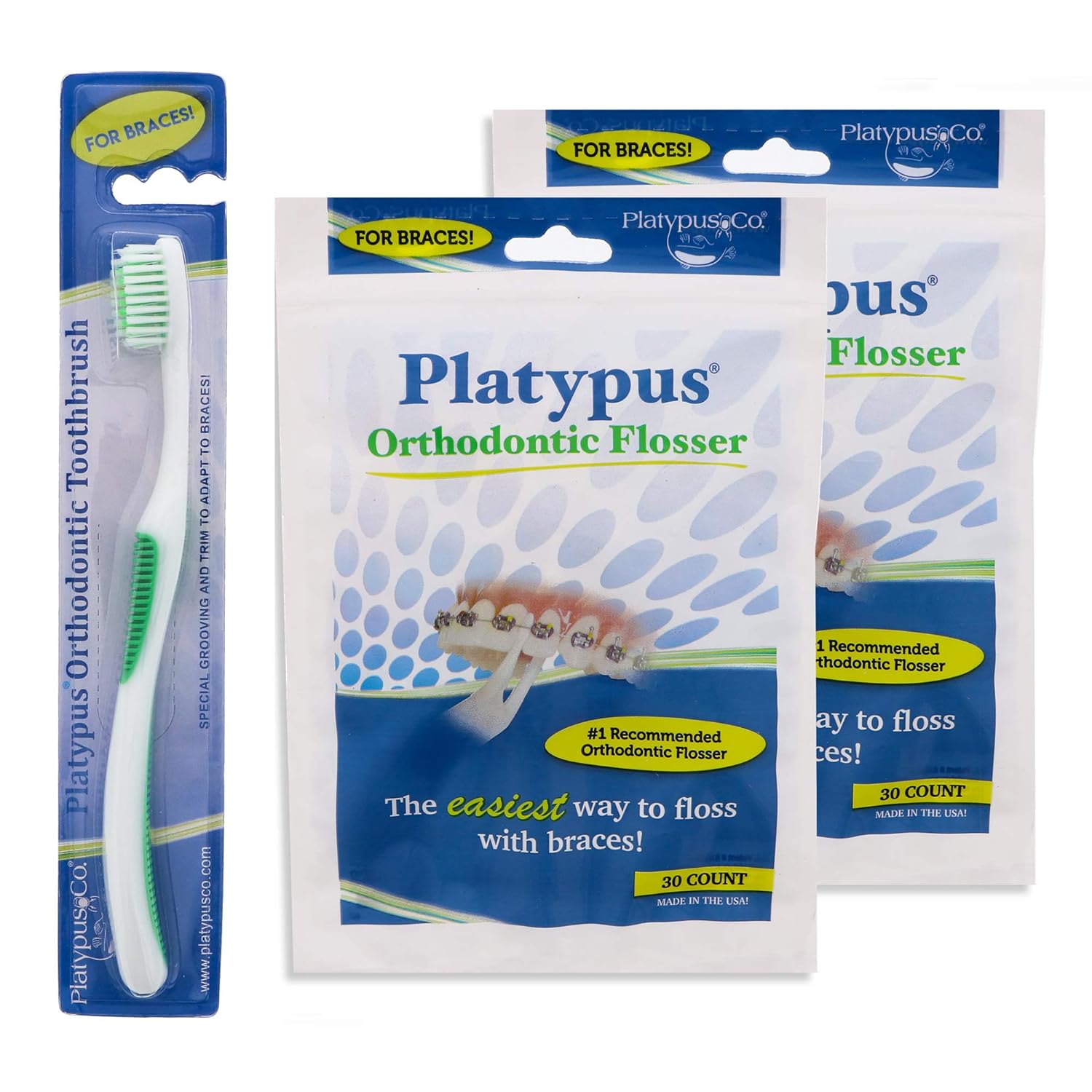 Platypus Orthodontic ossers - Dental oss Picks for Braces and Orthodontic Toothbrush Bundle - 2 Packs Ortho ossers and 1 Ortho Toothbrush