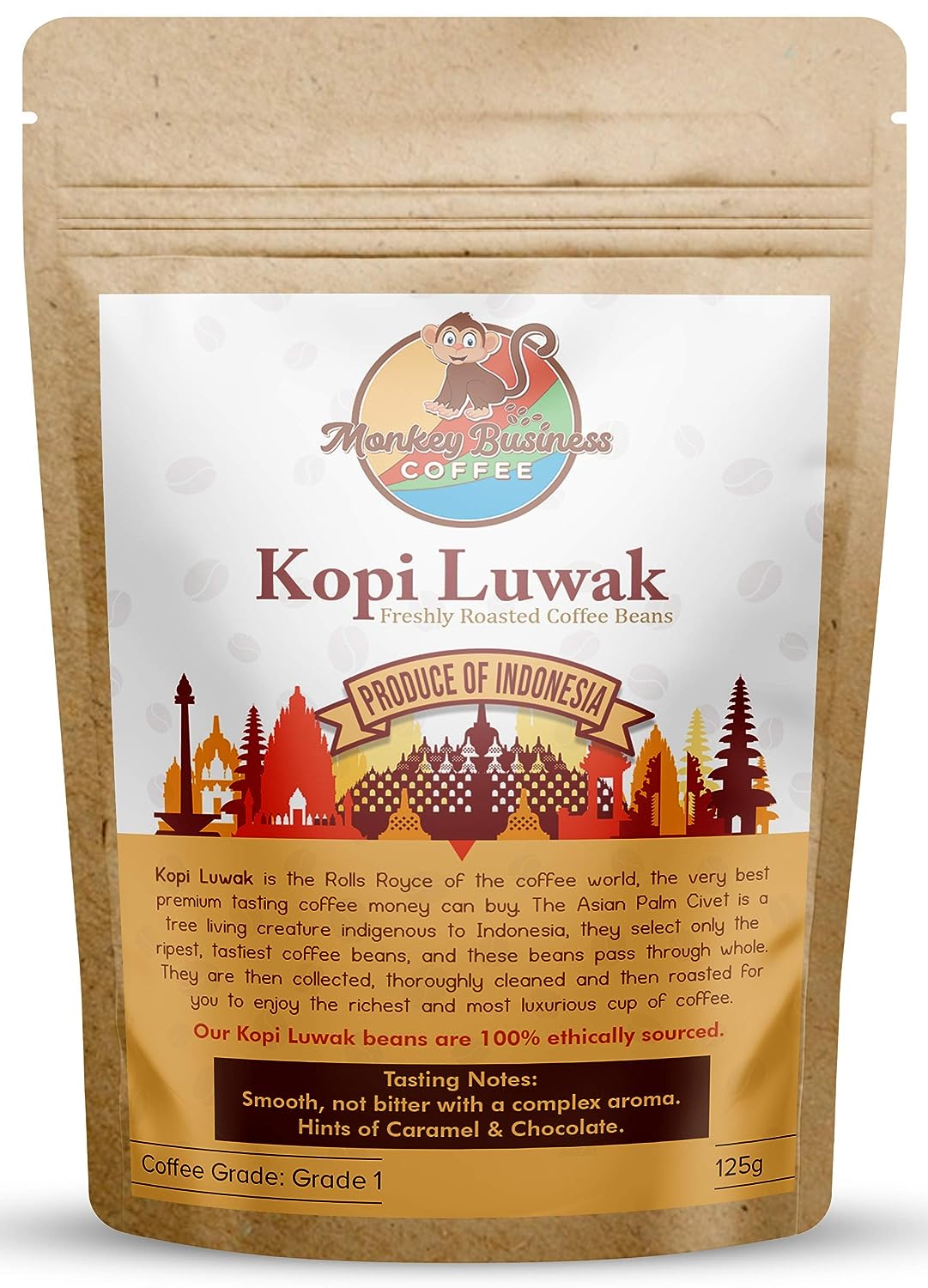 Monkey Business Coffee - Wild Kopi Luwak Coffee Ground Beans - Ethically Sourced - Other Weights & Bean Types Available) - Produce of Indonesia