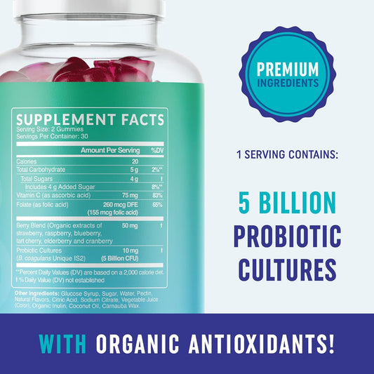 Probiotic Gummies with Vitamin C and Folic Acid | 5 Billion CFU Probio