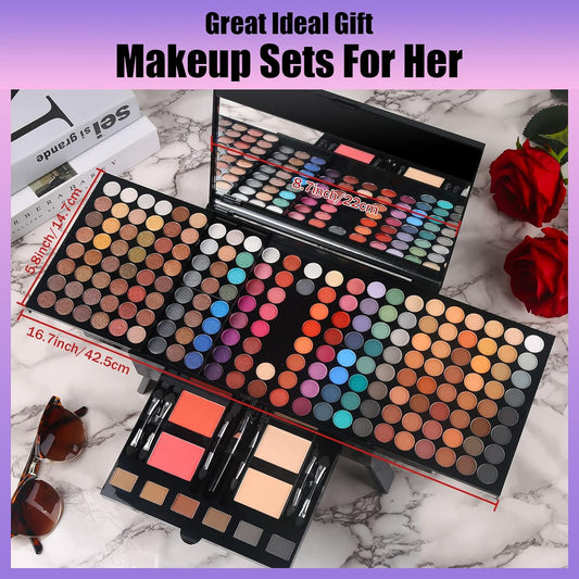 Women Makeup Sets Full Kits - 190 Colors Cosmetic Make Up Gifts Combination with Eyeshadow Facial Blusher Eyebrow Powder Face Concealer Powder Eyeliner Pencil with Full Size Mirror All-in-One Makeup Palette Kit (190 Colors Makeup Sets - Multicolors)