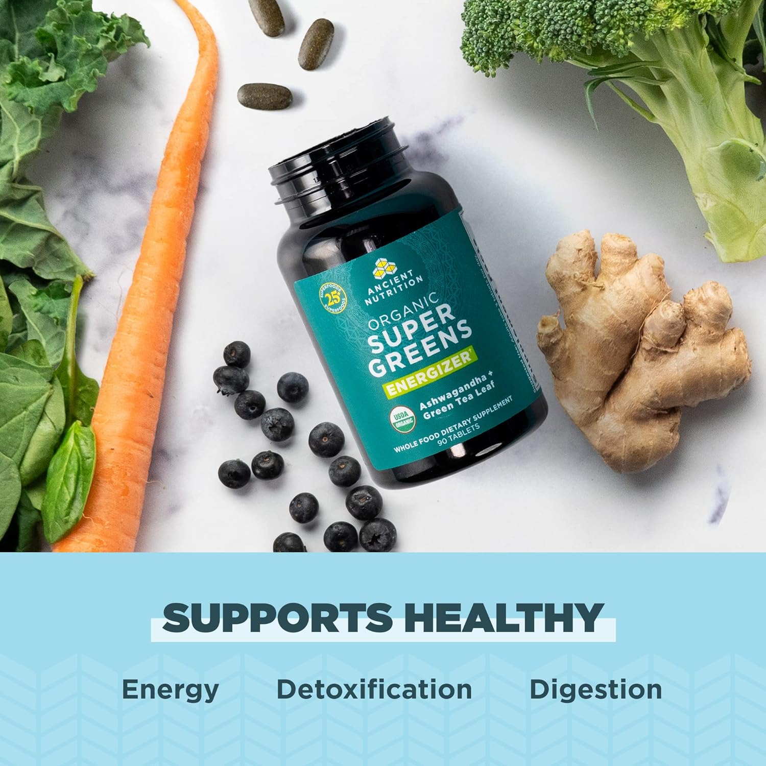 Ancient Nutrition Supergreens Energizer Tablets, Organic Superfood Tab