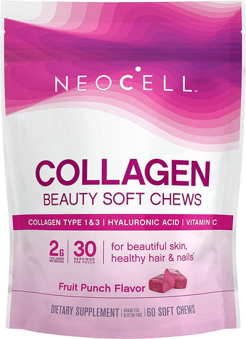 NeoCell Collagen Peptides Vitamin C & Hyaluronic Acid, Gluten Free, Supports Hair, Skin, & Nail Health, Collagen Type 1 and 3, Beauty Bursts, Fruit Punch, 60 Soft Chews