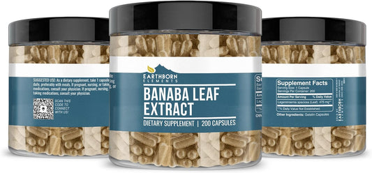 Earthborn Elements Banaba Leaf Extract 200 Capsules, Pure & Undiluted,