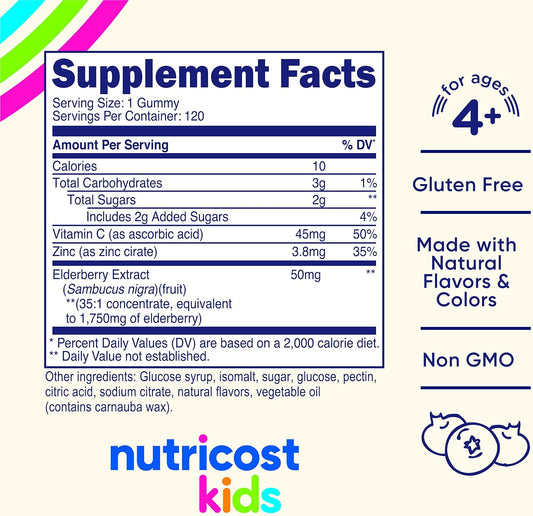 Nutricost Kids Elderberry Gummies (50mg) with Zinc & Vitamin C 120 Gummies - Gluten Free, No Corn Syrup