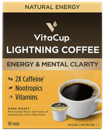 VitaCup Lightning Coffee Pods, Enhance Memory & Focus w/ 2X Caffeine, Green Coffee Bean, B Vitamins, D3, Strong Dark Roast Coffee, Recyclable Single Serve Pod Compatible w/Keurig K-Cup Brewers, 16 Ct