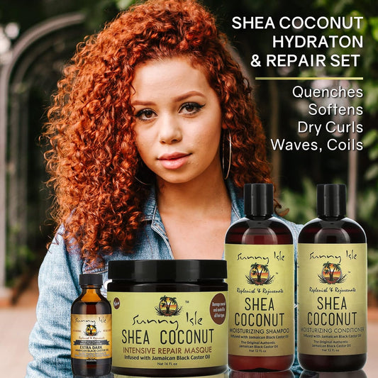 Sunny Isle Shea Coconut Moisturizing Shampoo and Conditioner 12, Intensive Repair Masque 16, Extra Dark JBCO 2 (4-Piece) Bundle | Deep Hydration - Curly Wavy Coils