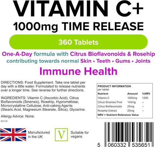 Lindens Vitamin C+ 1000mg – 360 Tablets – One-a-Day Time-Release Table531 Grams