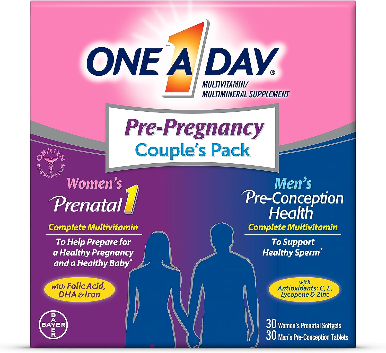 One A Day Men'S & Women'S Pre-Pregnancy Multivitamin Softgel Including Vitamins A, Vitamin C, Vitamin D, B6, B12, Folic Acid & More, 30+30 Count, Supplement For Before, During, And Postnatal