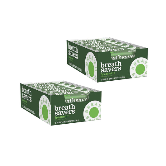 BREATH SAVERS Sugar Free Mints, Spearmint, 0.75 Ounce Roll (Pack of 24) & Sugar Free Mints, Wintergreen, 0.75 Ounce Roll